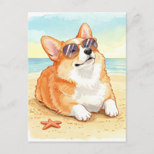 Cute Corgi in sunglasses on the beach Postcard