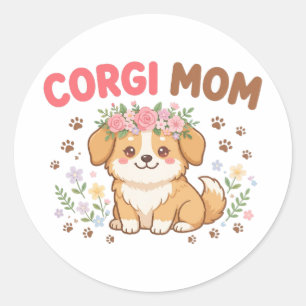 Cute Corgi Mum Flower Crown Dog Gift Classic Round Sticker