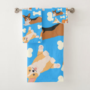 Cute Corgi Pattern Blue Bath Towel Set