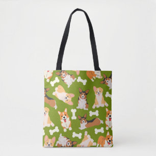 Cute Corgi Pattern Green Tote Bag