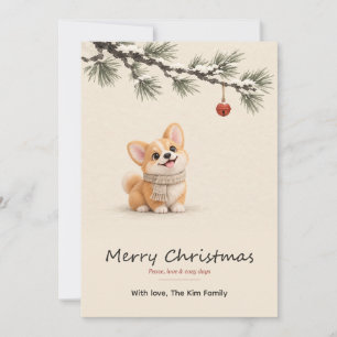 Cute Corgi Pine Branch Japandi Christmas Card