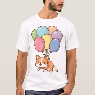Cute Corgi Poot and Rainbow Balloons Funny T-Shirt