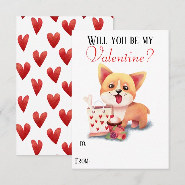 Cute Corgi Puppy Be My Valentine Valentines Card (Front/Back)