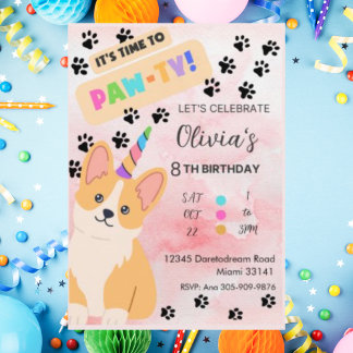 Cute Corgi Puppy Dog Birthday Invitation