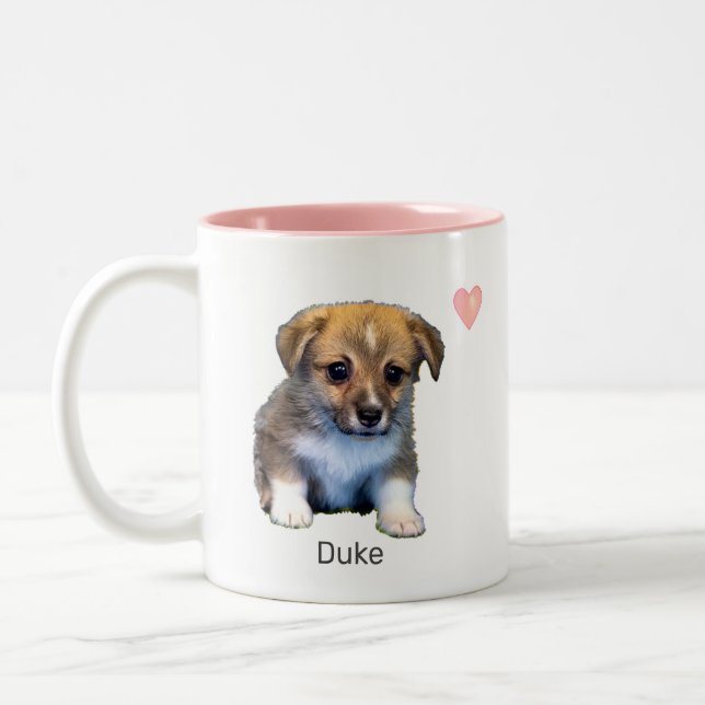 Cute Corgi Puppy Dog & Hearts Two-Tone Coffee Mug (Left)