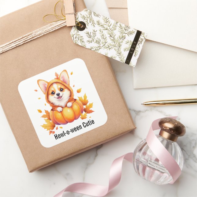Cute Corgi Puppy in Pumpkin Costume Halloween Square Sticker (Gifting)