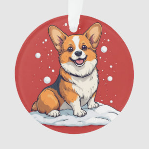 Cute Corgi Puppy Sitting In Snowy Christmas Scene Ornament