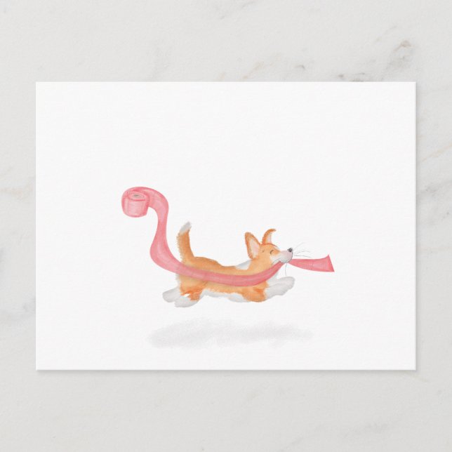 Cute corgi puppy stealing toilet roll postcard (Front)