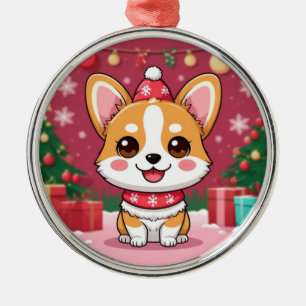 Cute Corgi Puppy With Christmas Presents Metal Tree Decoration