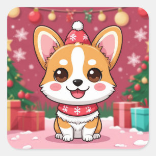 Cute Corgi Puppy With Christmas Presents Square Sticker