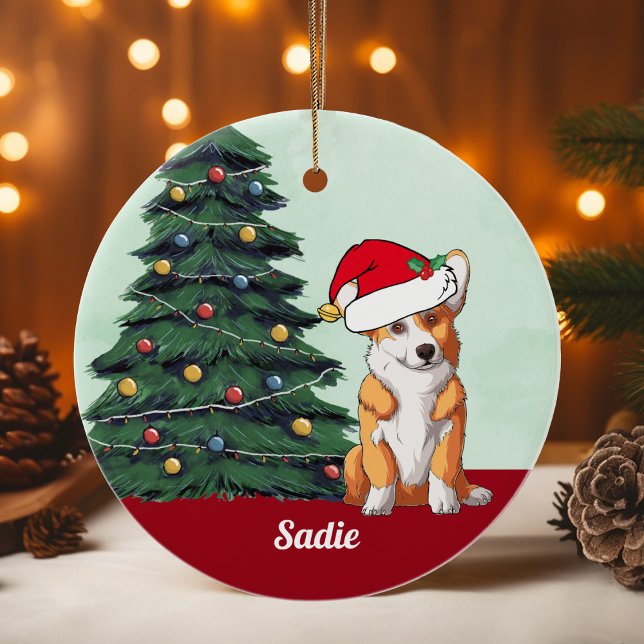 Cute Corgi Santa Hat Monogrammed Christmas Tree Ceramic Tree Decoration (Creator Uploaded)