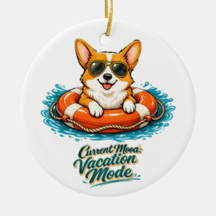 Cute Corgi "Vacation Mode" Summer Design Ceramic Tree Decoration