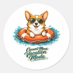 Cute Corgi "Vacation Mode" Summer Design Classic Round Sticker