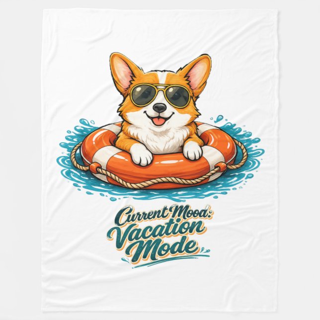 Cute Corgi "Vacation Mode" Summer Design Fleece Blanket (Front)