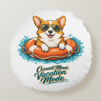 Cute Corgi "Vacation Mode" Summer Design Round Cushion