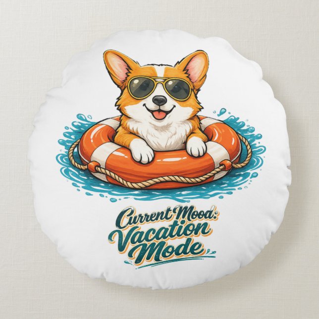 Cute Corgi "Vacation Mode" Summer Design Round Cushion (Front)