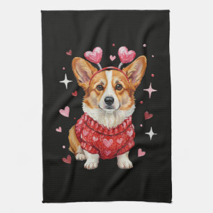 Cute Corgi Valentine Heart Valentines Day Tea Towel