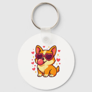 Cute Corgi Valentine Puppy With Heart Sungles  Key Ring