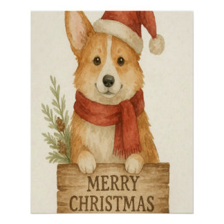 Cute corgi wearing Santa's hat Poster