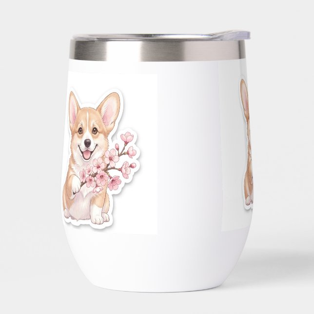 Cute Corgi with Cherry Blossom Branch (Left)