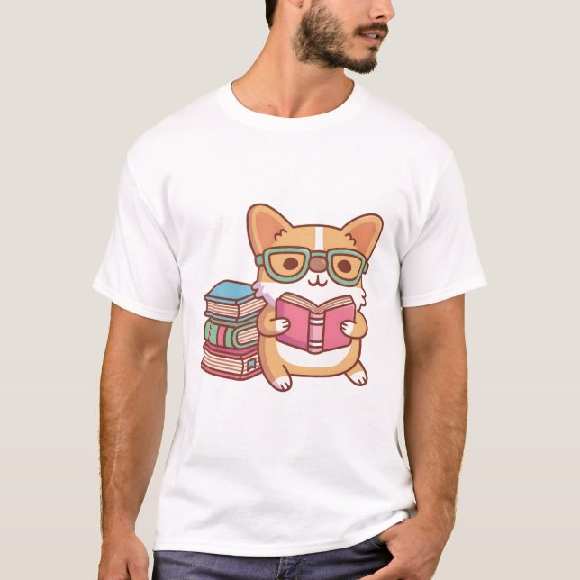 Cute Corgi With Glasses Reading A Book T-Shirt (Front)