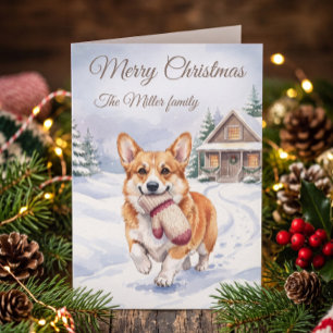 Cute Corgi with Mitten Woodland Christmas Custom Card