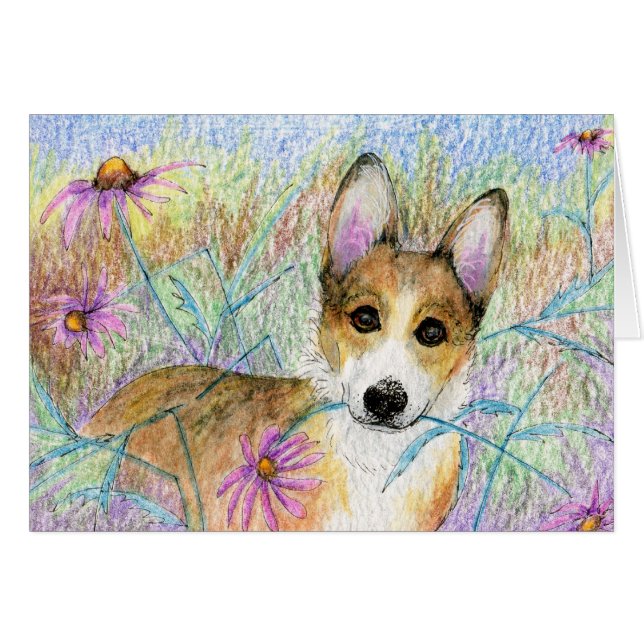 Cute Corgi with Pink Flower CARD (Front Horizontal)