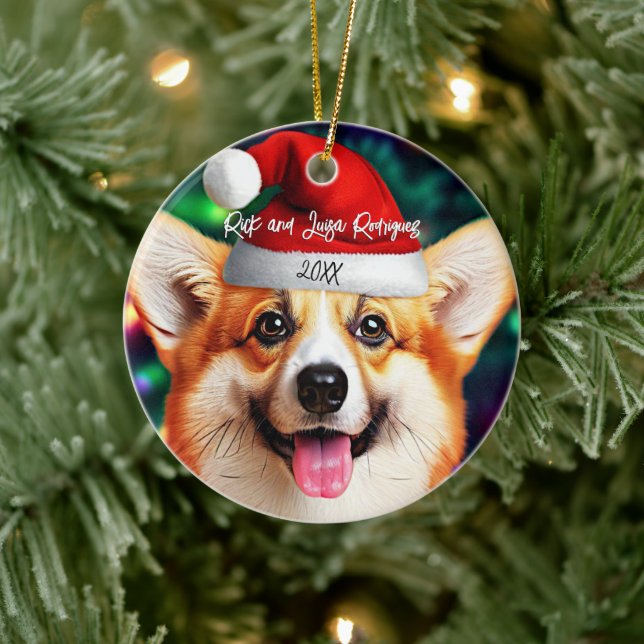 Cute Corgi with Santa Hat Christmas Ceramic Tree Decoration (Tree)
