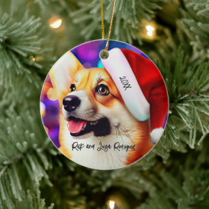 Cute Corgi with Santa Hat Christmas Ceramic Tree Decoration