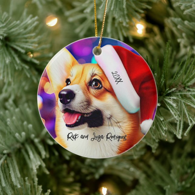 Cute Corgi with Santa Hat Christmas Ceramic Tree Decoration (Tree)