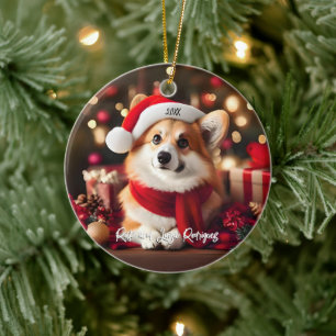 Cute Corgi with Santa Hat Christmas Ceramic Tree Decoration
