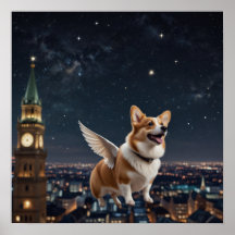 Cute Corgi With Wings Flying Above a City Sky