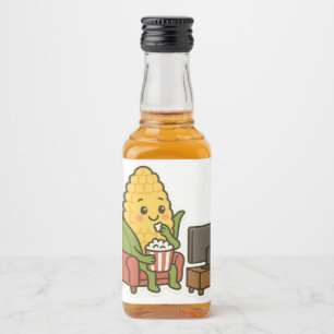 Cute Corn Watching TV with Popcorn Liquor Bottle Label