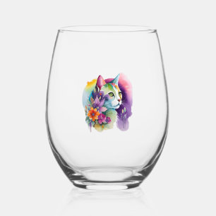 Cute cosmic bohemian cat stemless wine glass