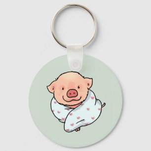 Cute Cosy Cartoon Pig Wrapped in Blanket Key Ring