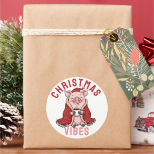 Cute Cosy Christmas Pig  Classic Round Sticker