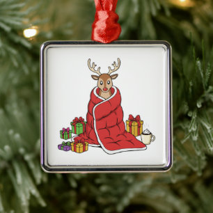 Cute Cosy Christmas Reindeer in Blanket Funny Metal Tree Decoration