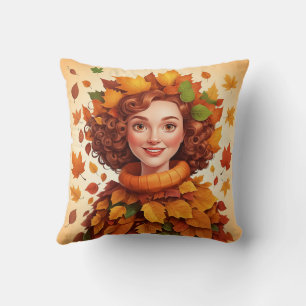 Cute Cosy Colourful Leaves Fall Woman Pattern Cushion