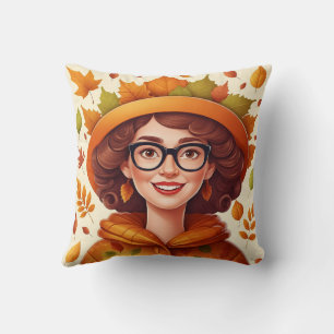 Cute Cosy Colourful Leaves Fall Woman Pattern Cushion