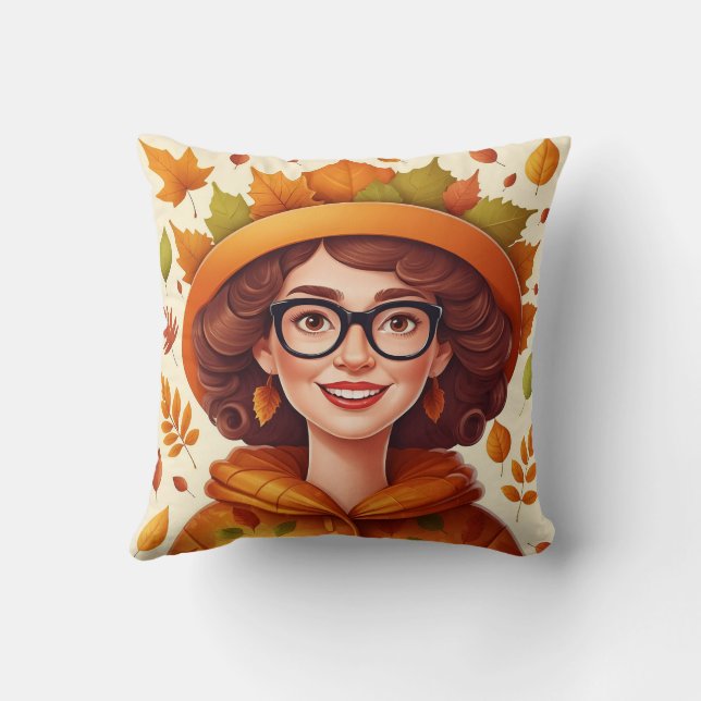 Cute Cosy Colourful Leaves Fall Woman Pattern Cushion (Back)