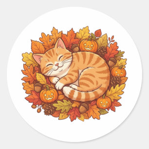 Cute Cosy Fall Vibes Cat Autumn Pumpkin Leaves Classic Round Sticker