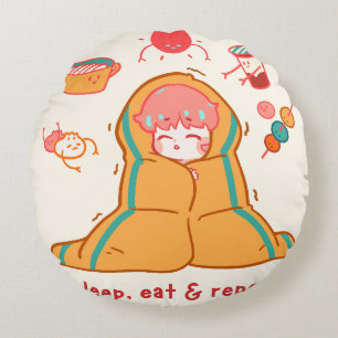 Cute Cosy Gamer Bedding Sleepy Chibi Character Round Cushion