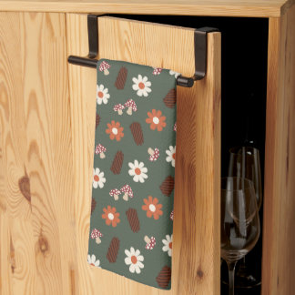 Cute cosy pattern with flowers mushroom & pinecone tea towel
