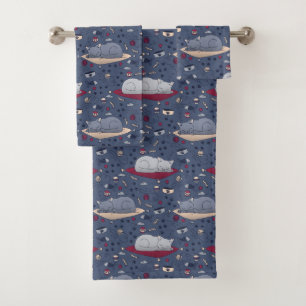 Cute & Cosy Sleepy Cat Dreams Pattern Bath Towel Set