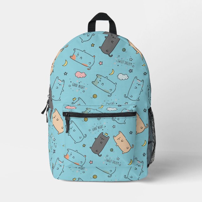 Cute & Cosy Sleepy Cat Dreams Pattern Printed Backpack (Front)