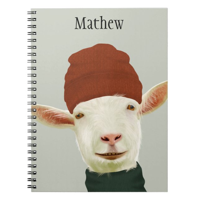 Cute Cosy Winter Goat With Beanie Hat and Scarf Notebook (Front)