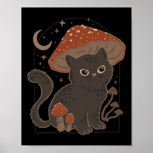 Cute Cottagcore Cat Mushroom Hat Vintage Grunge Ae Poster