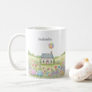 Cute Cottage with Balloon in Floral Field Custom Coffee Mug