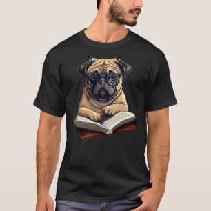 Cute Cottagecore Aesthetic Dog Pug Reading Book T-Shirt