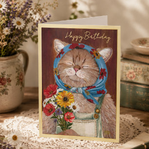 Cute Cottagecore Cat with Flowers Happy Birthday Foil Greeting Card
